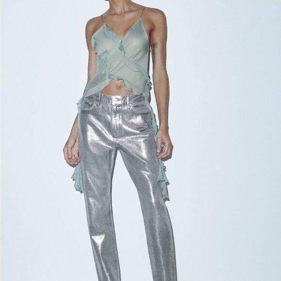 Zara NWT Viral Silver Coated High Rise Jeans Size 6 Sold Out Online Bloggers Fav - Picture 10 of 11